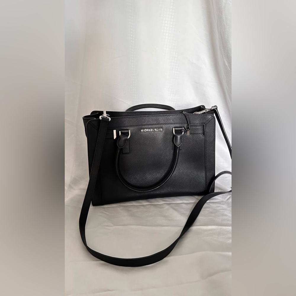 Michael Kors Dillon satchel medium leather black handbag purse with strap MK bag - Picture 2 of 10